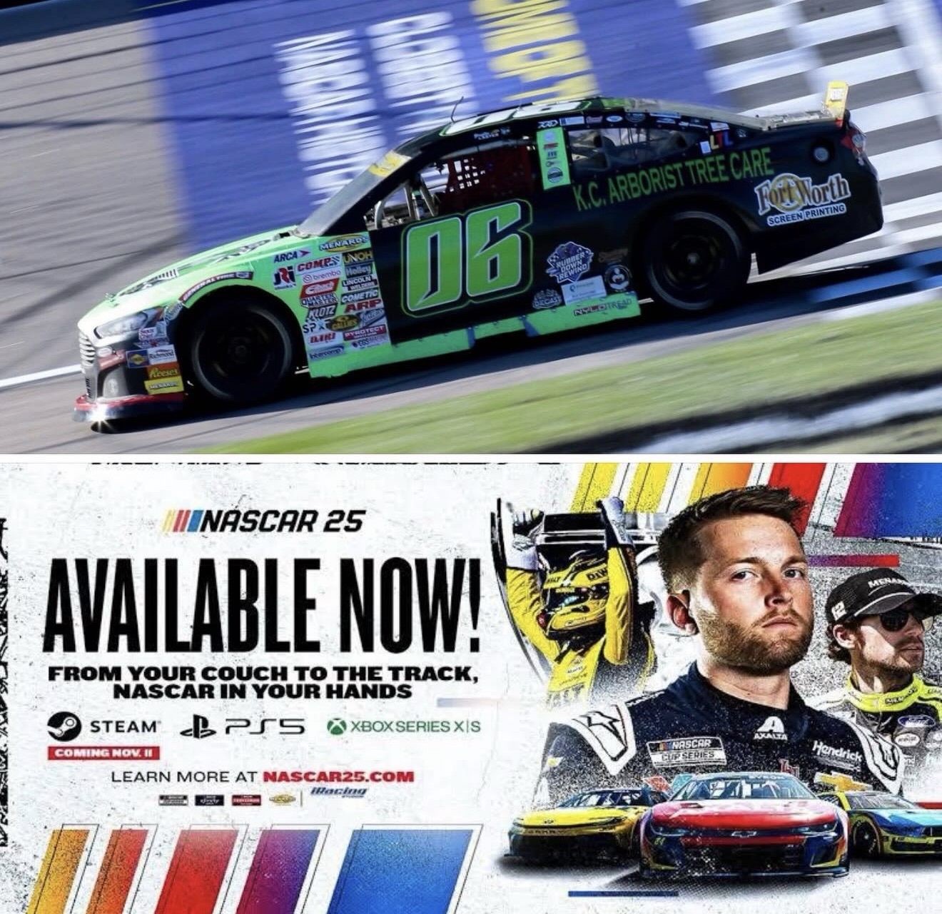 Green and black No. 06 ARCA car at speed