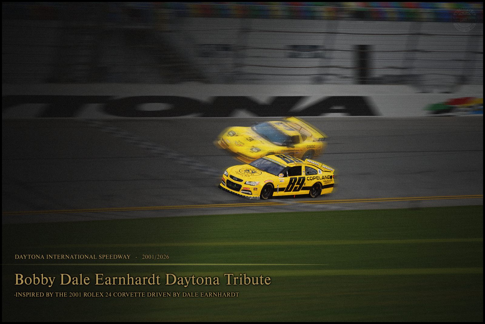 Tribute poster showing the No. 89 beside the 2001 Rolex 24 Corvette at Daytona